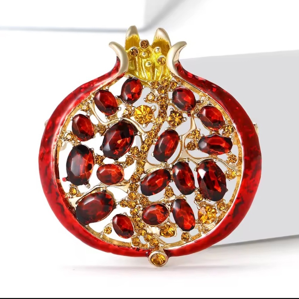 Red Pomegranate Crystal Gold Brooch - Picture 5 of 11